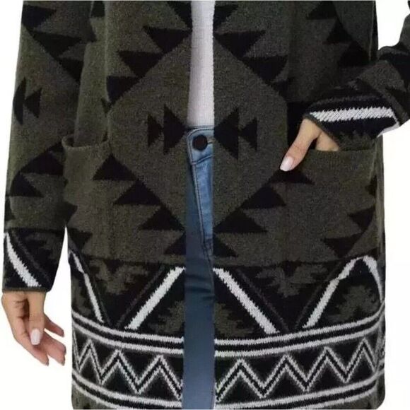 FRYE Womens S The Cozy Aztec Jacquard Luxe Open Front Cardigan Green Burnt Olive - Picture 5 of 7